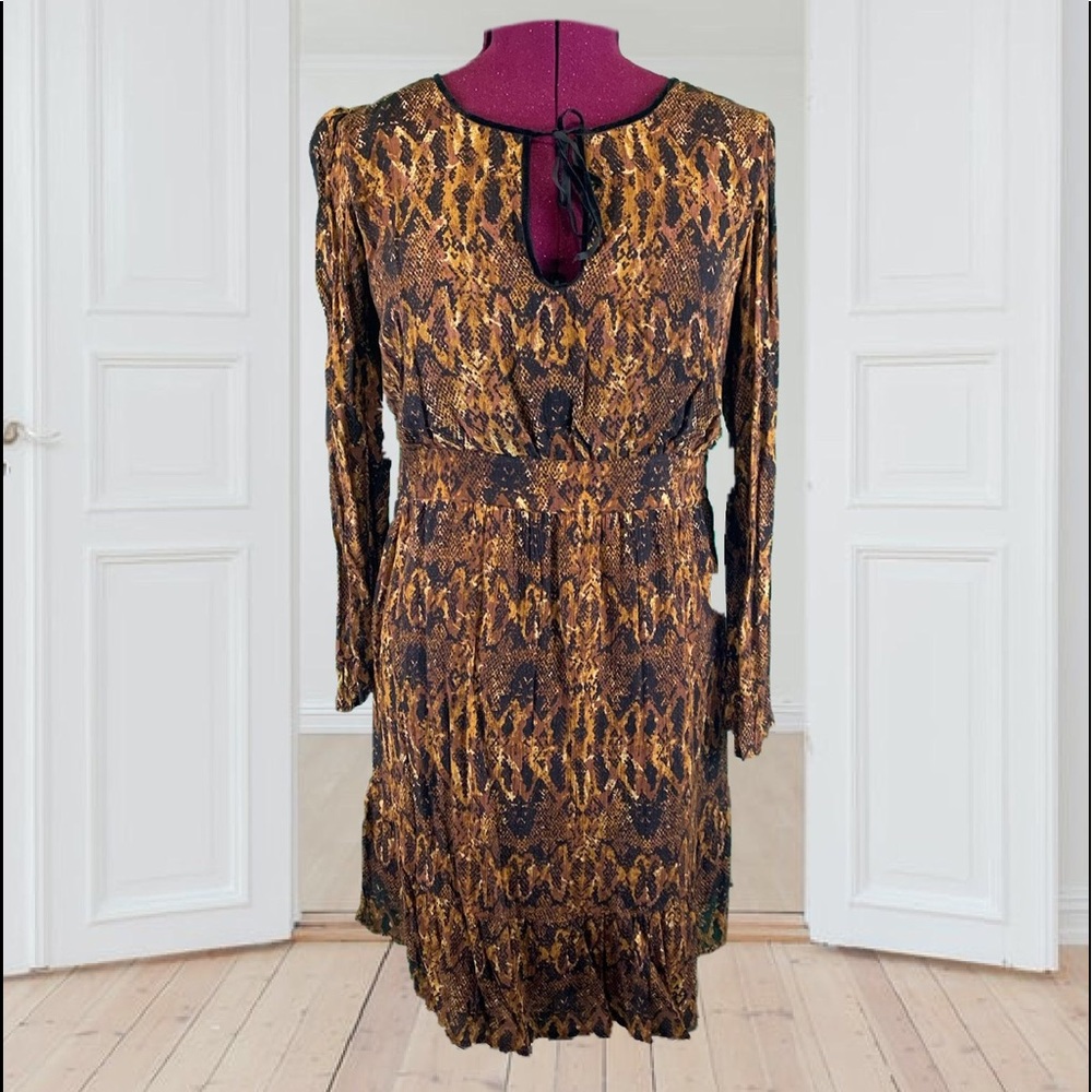 Context Lord & Taylor Brown Multicolor Dress Midi Long Bell Sleeve Women's Large